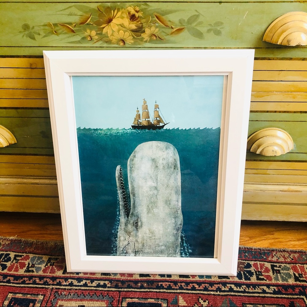 Framed whale and boat print Moby Dick nautical